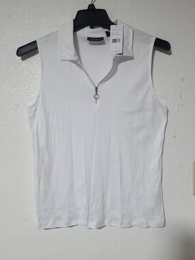 Rafaella White Sleeveless Zip Polo Tank with Ring Pull